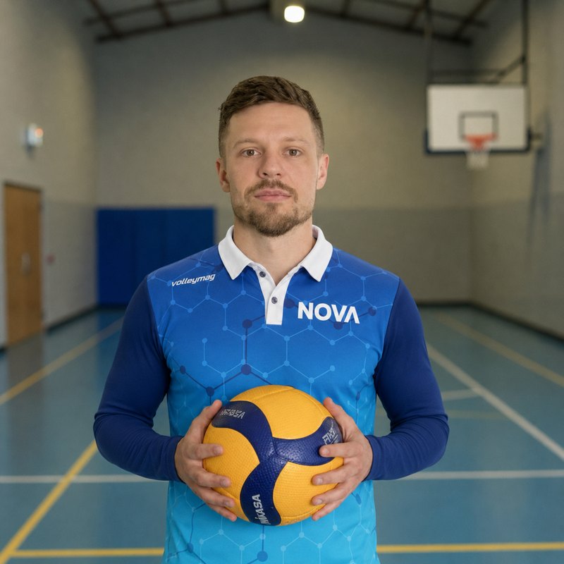 Portrait of coach Vladyslav Kostiushko holding a volleyball